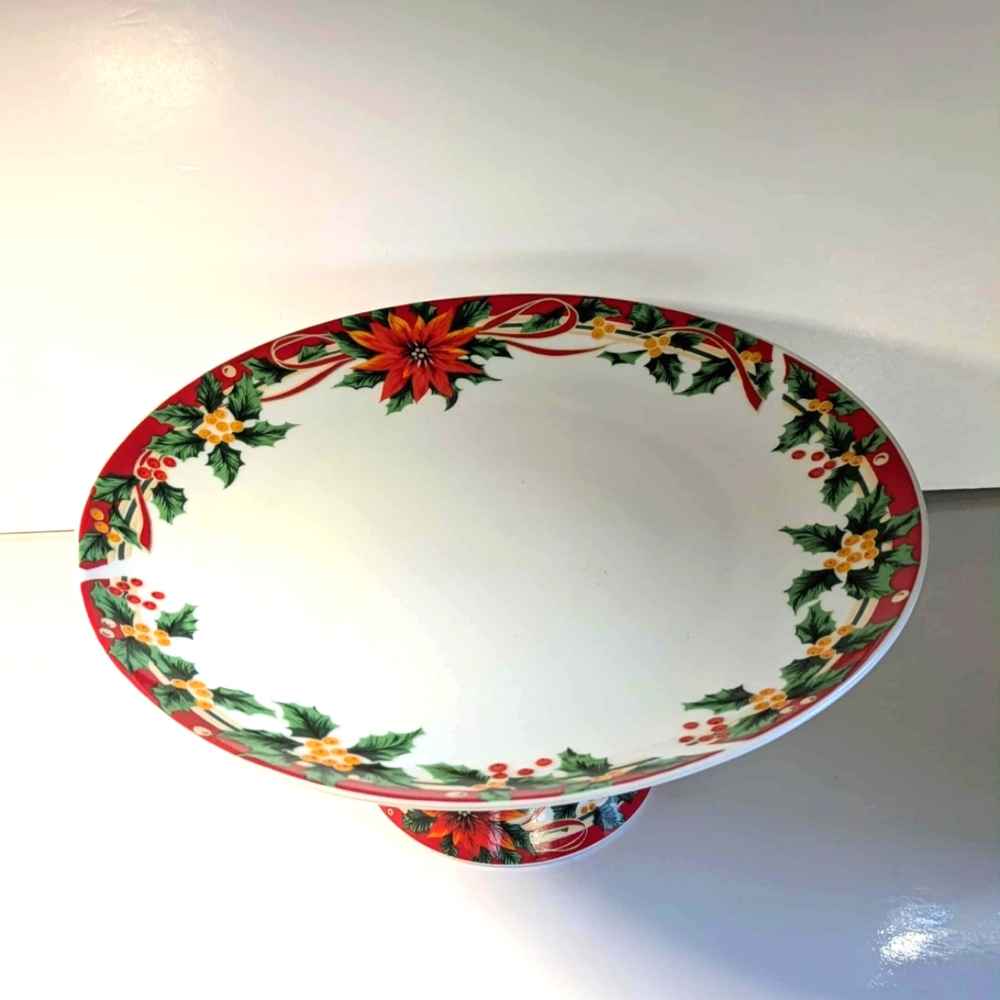 Poinsettia Sunflower Fine Porcelain Footed Christmas Cake Plate Pedestal Stand